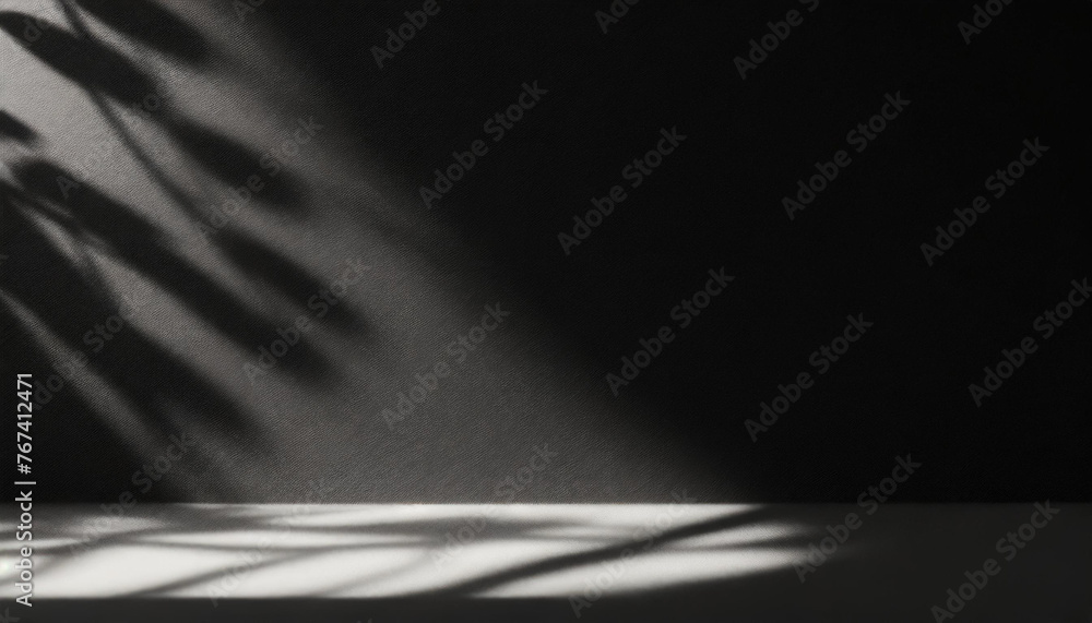 Wall mural abstract studio black background for product presentation. empty room with shadows of window and flo