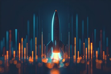 D Abstract Rendering of a Rocket-Shaped Graph Representing Business Growth and Success. Concept 3D, Abstract, Rendering, Rocket-shaped, Business Growth - obrazy, fototapety, plakaty