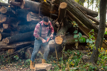 Action shot of the lumberjack in the woods, slicing through logs with a chainsaw, sawdust and smoke...