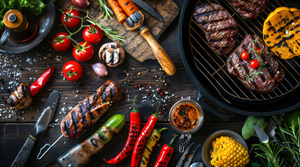 Summer barbecue flat lay with grilling tools meats and vegetables. - obrazy, fototapety, plakaty