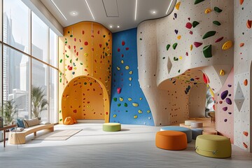 Climbing bouldering gym interior walls with colorful grips and large window