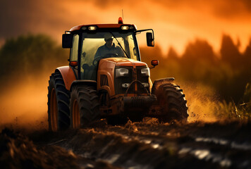 Tractor driving through field at sunset