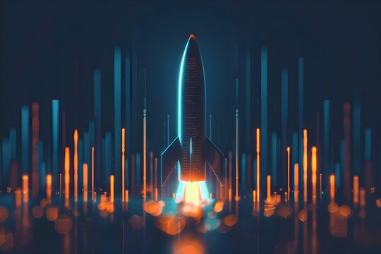 D Abstract Rendering of a Rocket-Shaped Graph Representing Business Growth and Success. Concept 3D, Abstract, Rendering, Rocket-shaped, Business Growth