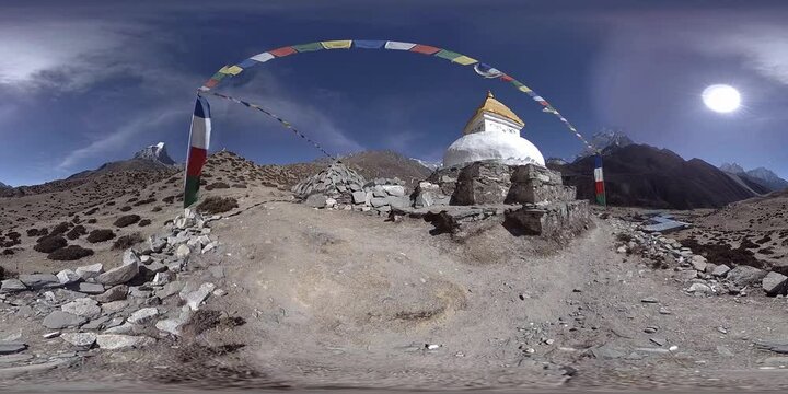 4K VR of Dingboche and Pheriche village in Nepal, basic point of everest base camp track. EBC. Buddhist stupa on mountain trekking path in Himalayas.