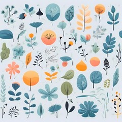 A collection of seamless pattern, colorful abstract plants and flowers. Hand drawn Collection of leaves and flowers. A close up of a pattern of flowers and leaves.
