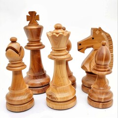 Chess pieces on a white background. A game. Development of the mind and memory. Logic
