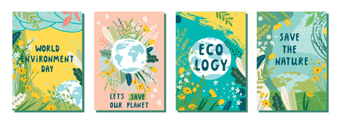 World Environment Day collection of posters with globe,plants, abstract shapes and handwritten.Vector illustrations for printing on fabric and paper.Colorful design for card,cover,banner template.