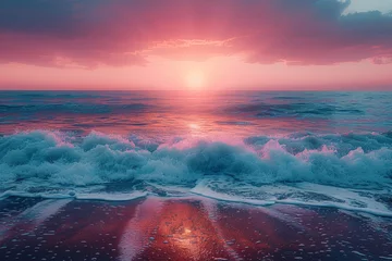 Foto op Canvas A photograph capturing the cerulean and coral hues of a coastal sunrise, conveying the tranquil and serene beauty of dawn by the sea. Concept of coastal sunrise color palette. Generative Ai. © Sebastian