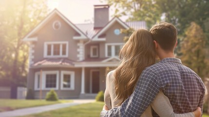 Rear view of young couple hugging each other in front of new house. Rent and purchase of real estate concept  - Powered by Adobe