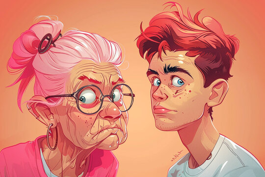 Portrait of an old grandmother in glasses and a young grandson on an isolated peach-colored background. Young man and old woman