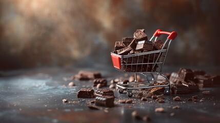 Shopping cart with pieces of dark chocolate on a dark background. Shopping concept 