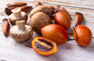 Brazilian Mantiqueira region typical ingredients. Tamarillo, pinion, mushrooms