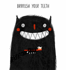 Black Hairy Monster with Big White Teeth, Holding Toothbrush. Motivational Graphic Encouraging Children to Brush Their Teeth. Hand Drawn Illustration of Smiling Monster. Bathroom Printable Decoration.
