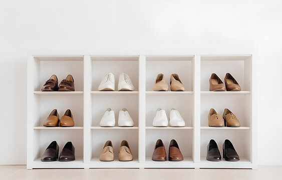colorful shoes on shelves in white wooden closet on white room b