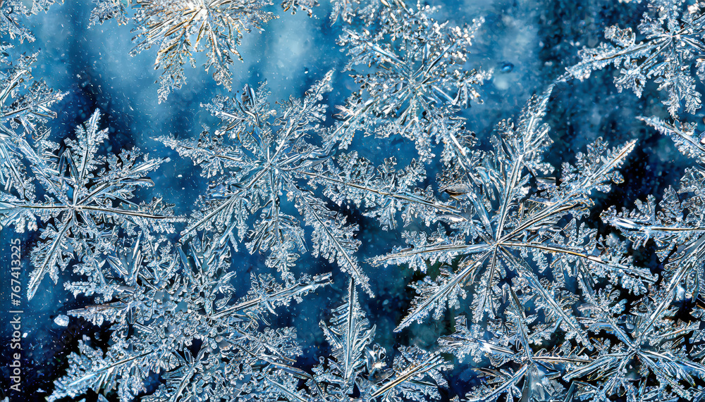 Poster a close up of snowflakes on a blue background. the snowflakes are all different shapes and sizes, an