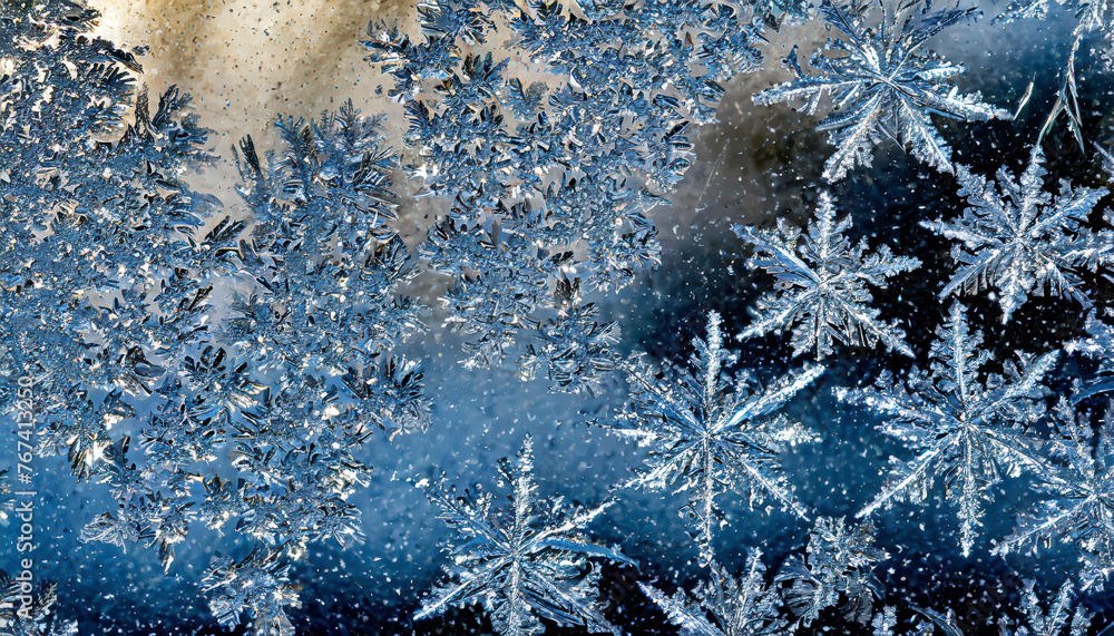 Poster a close up of snowflakes on a blue background. the snowflakes are all different shapes and sizes, an