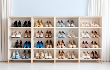 colorful shoes on shelves in white wooden closet on white room b