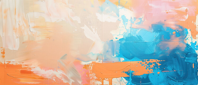 Abstract painting banner with dynamic sweeps of peach, blue, and white, perfect for modern art decoration, creative backgrounds, and expressive design elements in various media. High quality