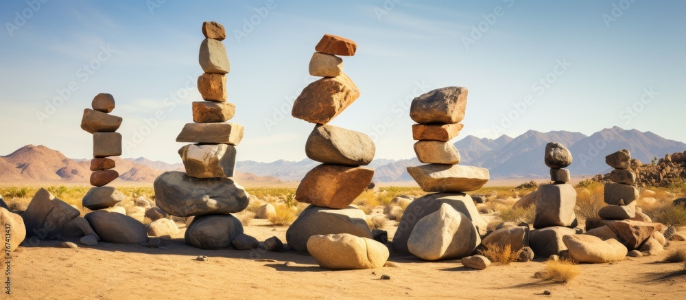 Poster a group of rocks stacked on top of each other in the desert, creating an artistic landscape under th