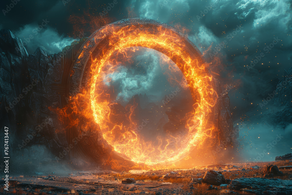 Poster an octagonal portal radiating energy, symbolizing the infinite cycles and cosmic harmony inherent in