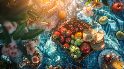 Summer picnic flat lay with a basket fresh fruits sandwiches and a blanket. - obrazy, fototapety, plakaty