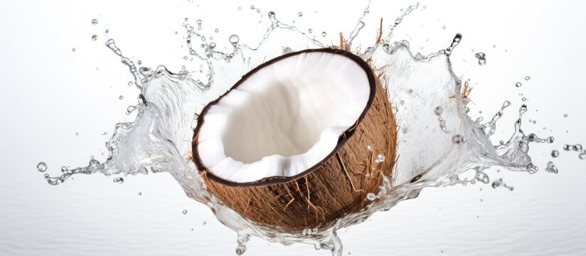 Capture a detailed image of a coconut being splashed with water, showing the refreshing and natural essence of the fruit