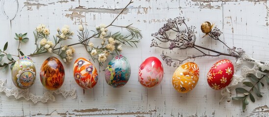 Easter eggs were adorned using a wax-resist technique passed down from Eastern European tradition, featuring contemporary designs. The scene includes a display of Pysanka, dried foliage, - obrazy, fototapety, plakaty