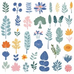 A collection of seamless pattern, colorful abstract plants and flowers. Hand drawn Collection of leaves and flowers. A close up of a pattern of flowers and leaves.
