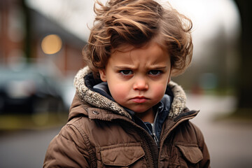Curly-Haired Child with a Stern Expression.