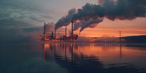 Smoke emitting from industrial complex at dusk raises environmental concerns about pollution and emissions. Concept Pollution, Industrial emissions, Environmental concerns, Dusk, Industrial complex - obrazy, fototapety, plakaty