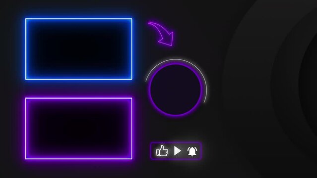 Blue and purple neon end screen. Subscribe button and outro for gaming and video channels
