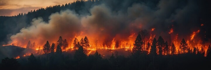 Fiery wildfire engulfing forest or urban area
