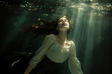 Woman Serenely Swimming Underwater with Sun Rays.