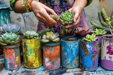 Female gardener planting succulents in painted old jars, home gardening, eco-friendly concept, 