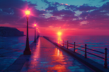 A technicolor sunset casting a warm glow over a seaside promenade, inviting individuals to savor the beauty of nature. Concept of coastal sunset admiration. Generative Ai.