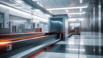 Airport security checkpoint with x-ray scanner machine with conveyor belt for baggage - obrazy, fototapety, plakaty