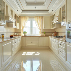 interior, kitchen in a colonial architectural style ,clean modern design featuring pastel colors...