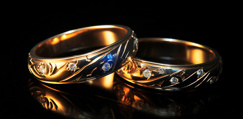 Two elegant gold wedding rings with sparkling diamonds, set against a sleek black background.
