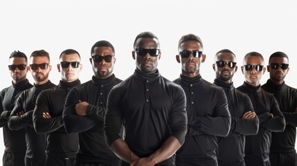 A group of diverse men in black attire and sunglasses posing confidently.