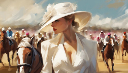 Painting on canvas, a woman in a hat at a horse race. - obrazy, fototapety, plakaty