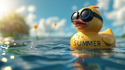 A rubber duck wearing black goggles floats on the water. 3D rendering.