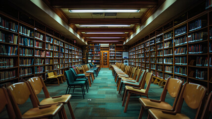 The quiet calm of a school library early in the morning empty chairs and endless rows of books.