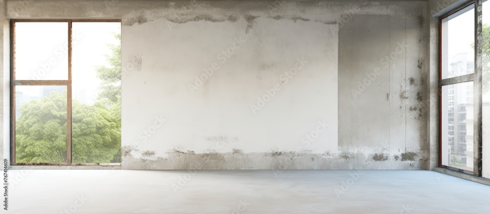 Poster a close-up image of a room displaying a window and a solid concrete wall with natural lighting comin
