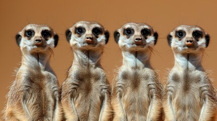  a group of meerkats standing next to each other in front of a brown wall with their eyes wide open.