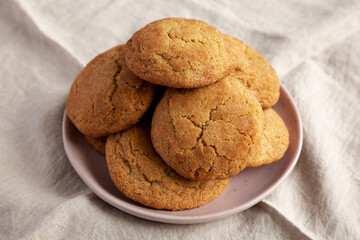 Homemade Soft And Chewy Snickerdoodle Cookies on a Plate, side view.