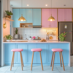 interior,kitchen in a colonial architectural style ,clean modern design featuring pastel pink, blue...