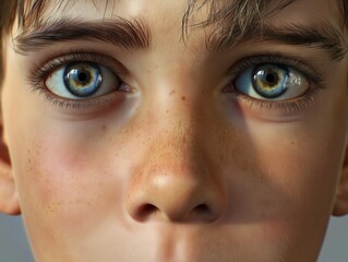 A boy with brown hair and blue eyes. The eyes are open and staring at the camera. The boy has a slight smile on his face - obrazy, fototapety, plakaty