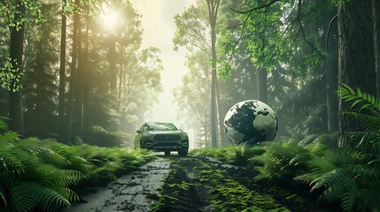Generative AI : Eco car on forest road with earth planet going through forest,