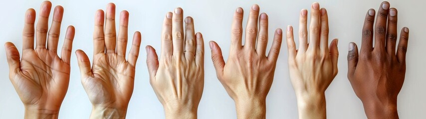 A row of raised hands of different skin tones.
Concept: equality, diversity and inclusion in materials on human rights, in publications on the International Day of Tolerance and multiculturalism. - obrazy, fototapety, plakaty