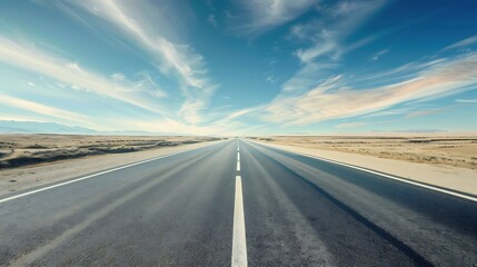 Generative AI : highway in steppe against a blue sky,long road stretching out into the distance - obrazy, fototapety, plakaty